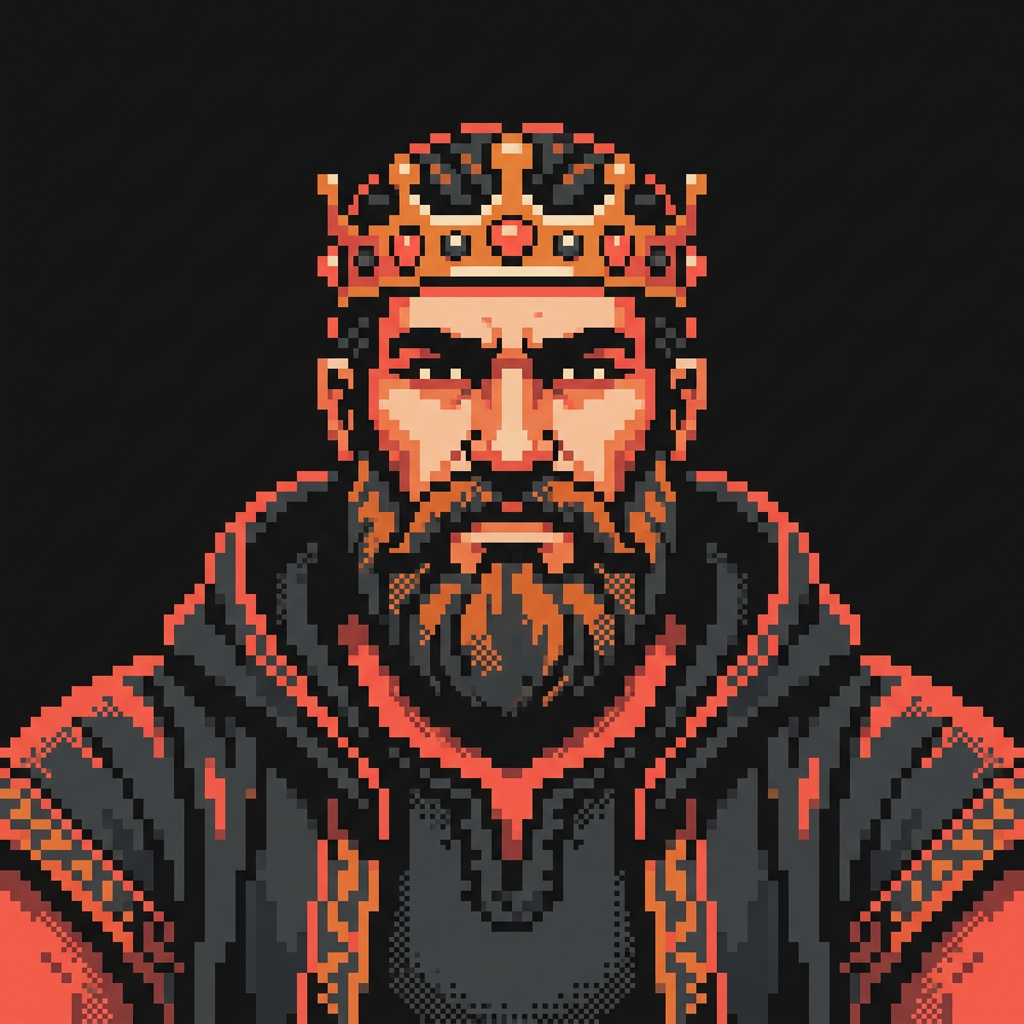 Portrait en pixel art d’un Roy barbu, couronné et vêtu d’un manteau sombre. Illustration générée.
